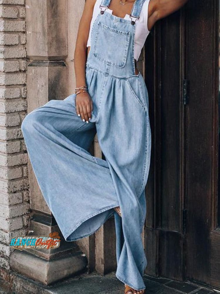 Women’s Popular Side Pocket Sleeveless Casual Denim Overalls Blue / S