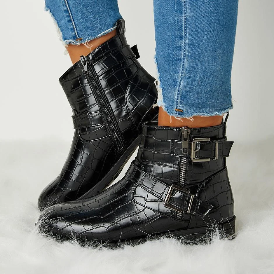 Women Trendy Bright Leather Zipper Buckle Ankle Boots