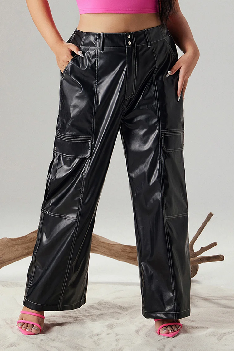 Xpluswear Design Plus Size Daily Pants Black High Waist PU Leather Cargo Pants With Pockets [Pre-Order]