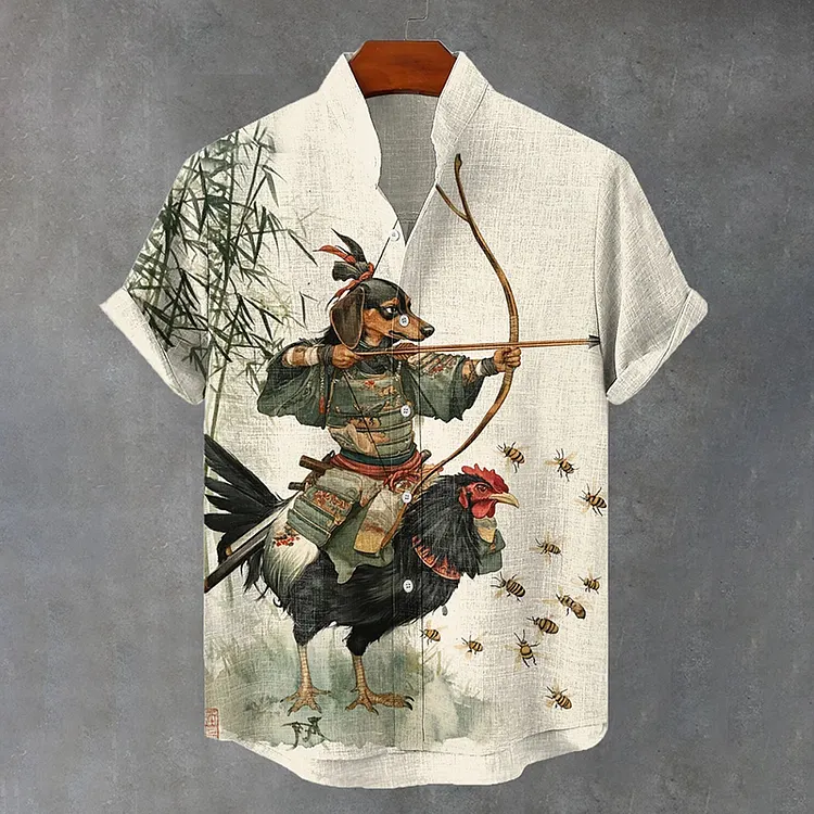 Men's Dachshund Warrior Rides Cock And Shoots Bees Art Print Casual Shirt