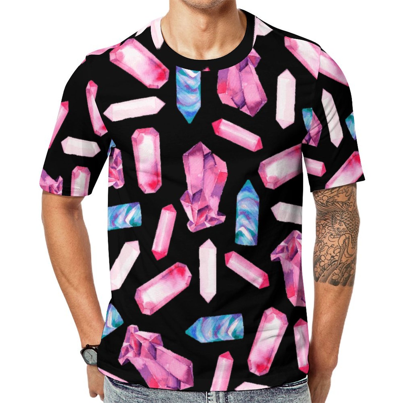 Geometrical Pink Teal Watercolor Crystals Short Sleeve Print Unisex Tshirt Summer Casual Tees for Men and Women Coolcoshirts
