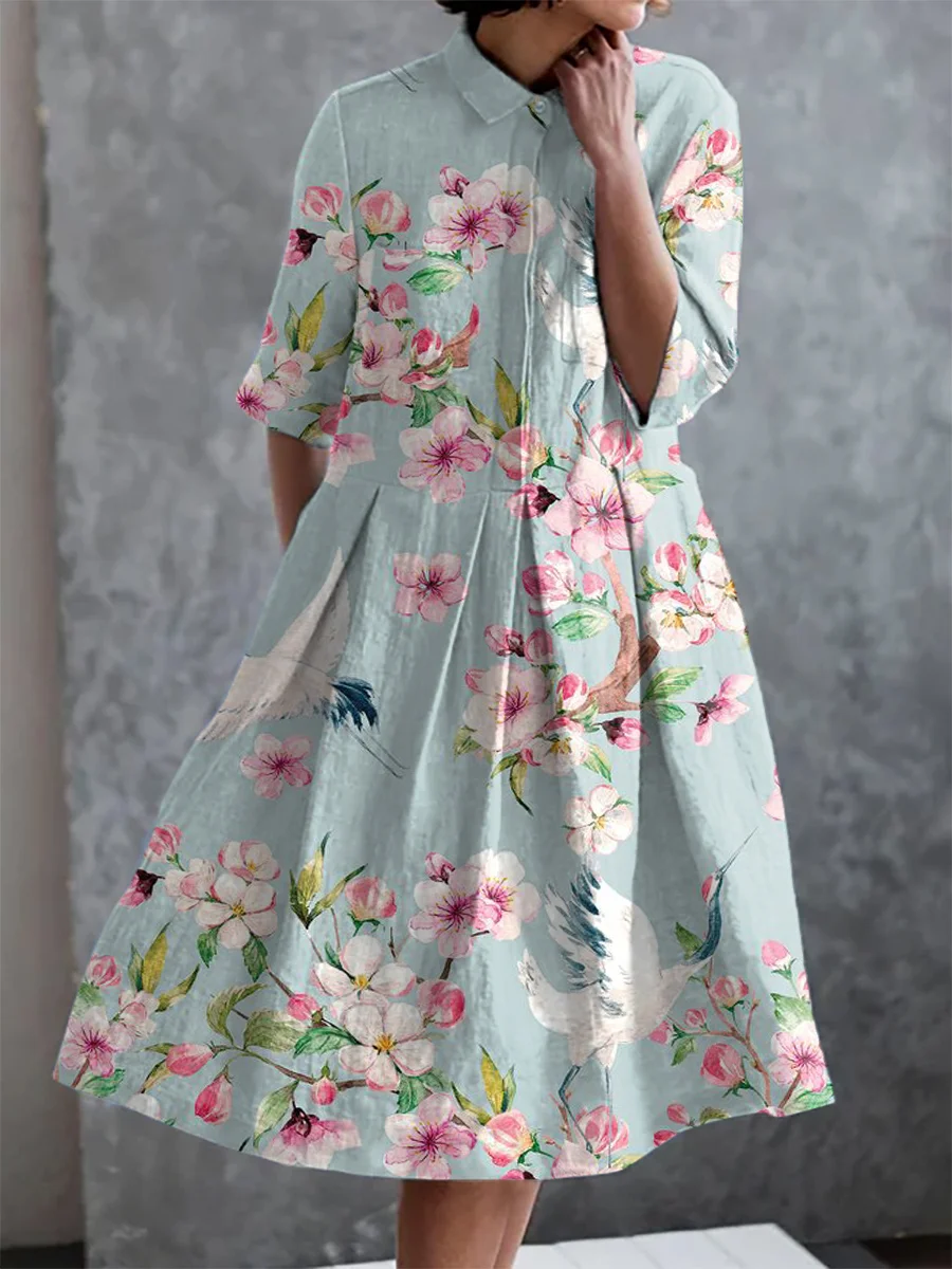 Japanese Crane Cherry Blossom Print Casual Elegant Pocket Half Sleeve Dress