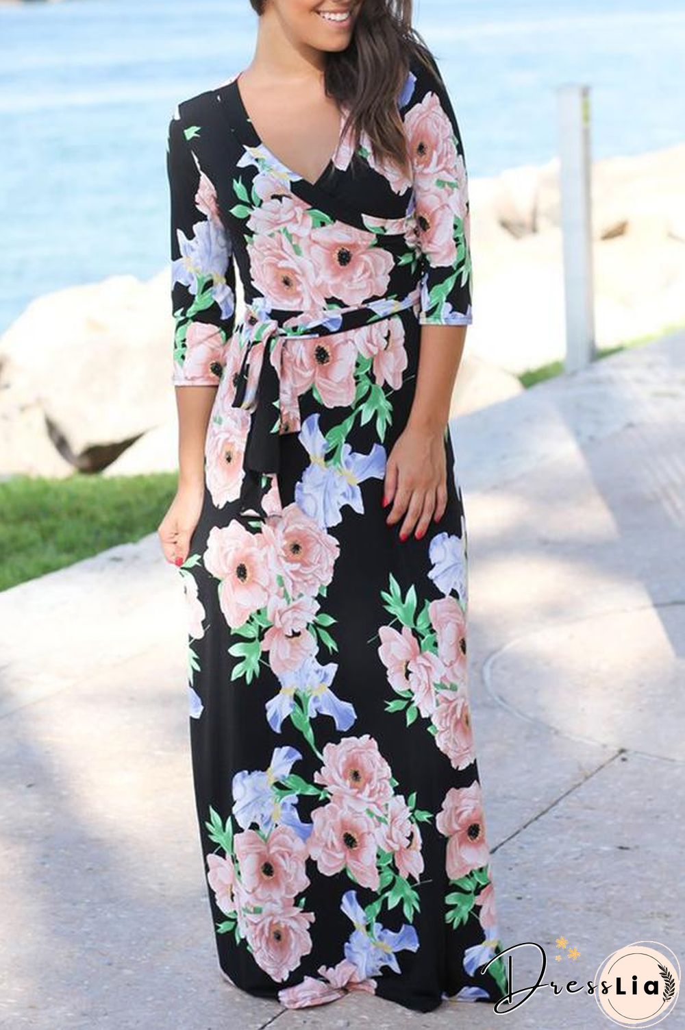 Mixed Color Flower Printed V Neck Maxi Dress