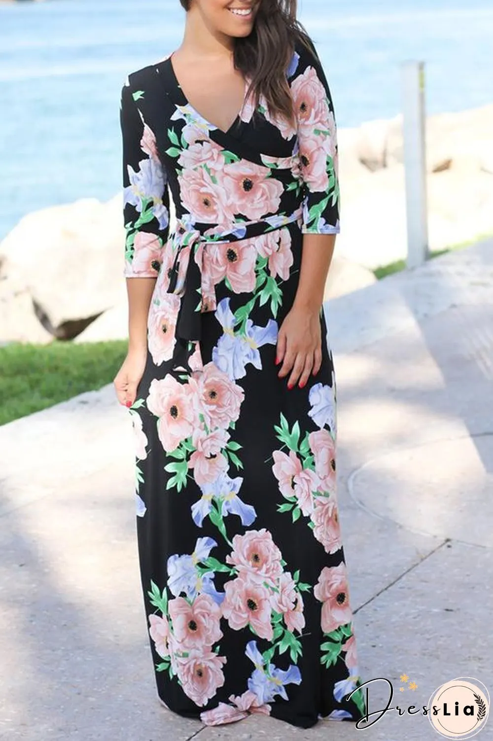 Mixed Color Flower Printed V Neck Maxi Dress