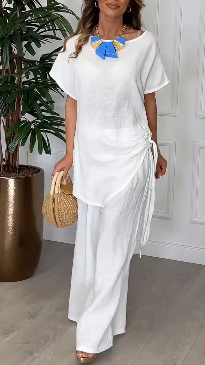 Women's Round Neck Irregular Drawstring Top+pants Casual Suit