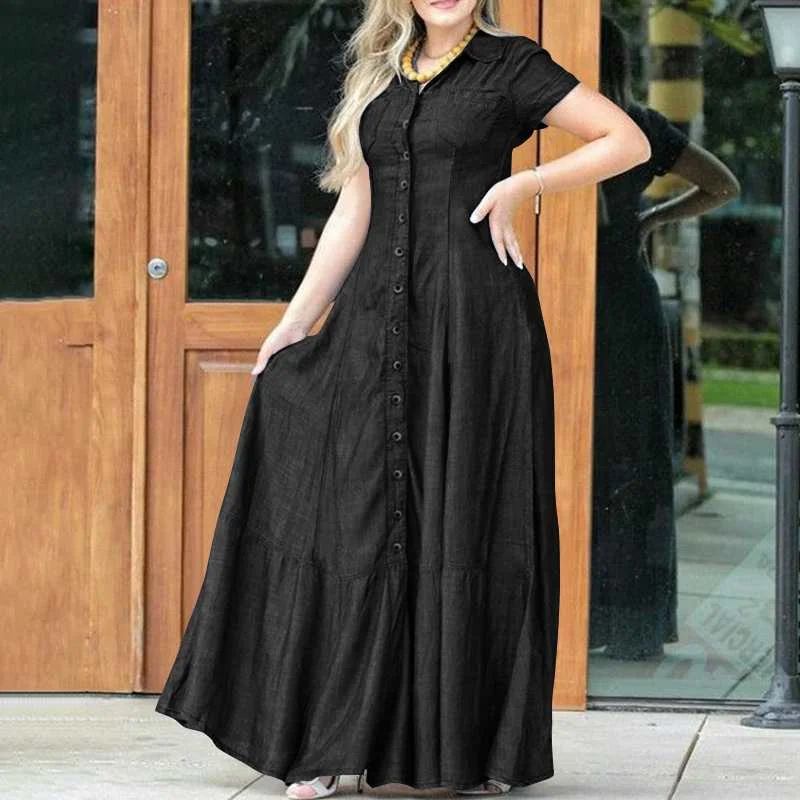 VONDA Summer Elegant Denim Dress 2022 Short Sleeve Lapel Button Down Pure Shirt Dresses Fashion Party Vestido Loose Solid Robe
