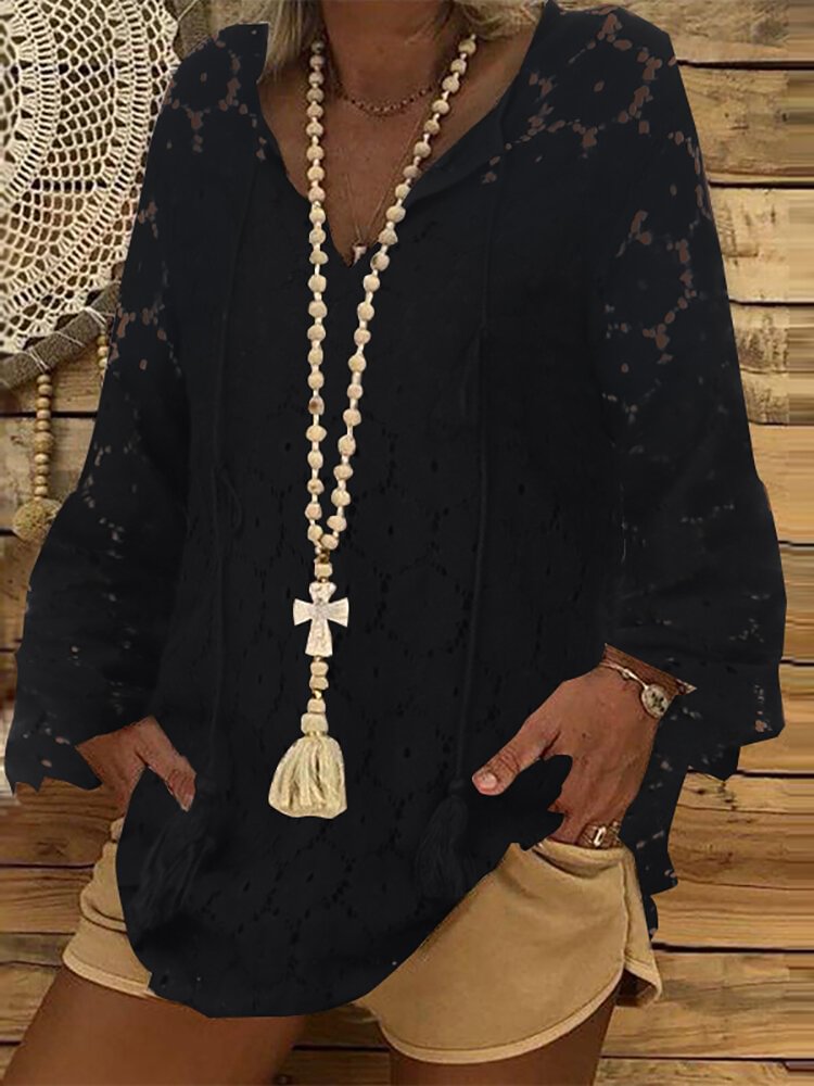 Chic V Neck Crochet Lace Long Sleeve Shirt P1541792
