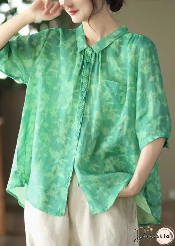 Plus Size Green Peter Pan Collar Patchwork Linen Blouses Summer