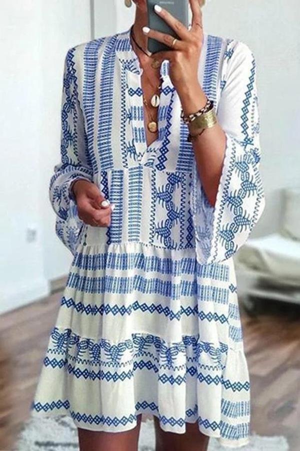 Women's Stylish Geometric Print  V Neck Midi Dress-Allyzone-Allyzone