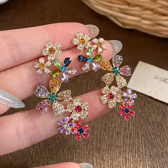 1对时尚彩色派对花朵设计，人造玻璃镶嵌，高端感，小众设计，独特美观，夸张优雅气质女士度假/舞会耳骨夹，全耳环 商品详情 1