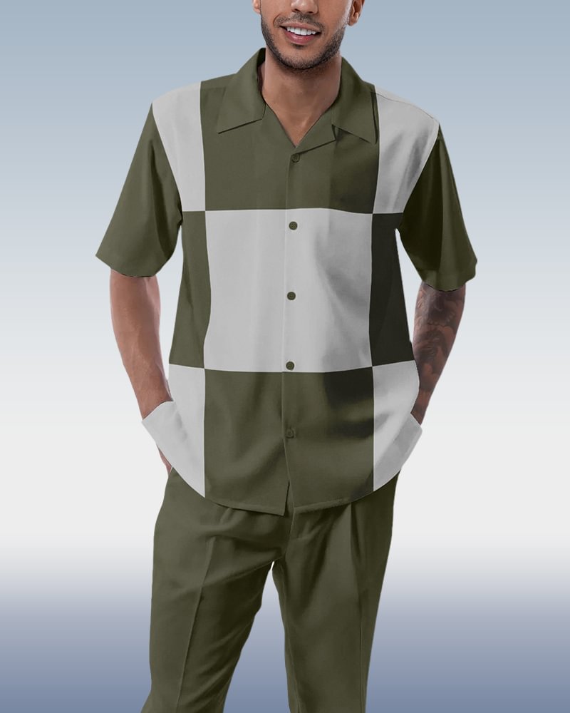 Olive Block Walking Suit 2-Piece Short Sleeve Suit