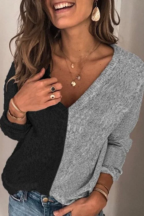 Splice V Neck Color Block Sweater