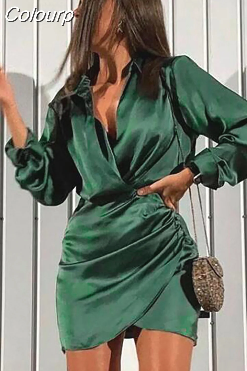 Colourp Solid Satin Women Long Sleeve V Neck Ruched Wrap Mini Dress Bodycon Sexy Party Elegant 2023 Autumn Winter Clothes