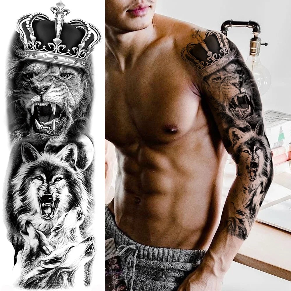 For Men Women Body Art Full Arm Sleeve Black Flower Tatoo Water Transfer Fake Tattoo Stickers Large Compass Temporary Tattoos