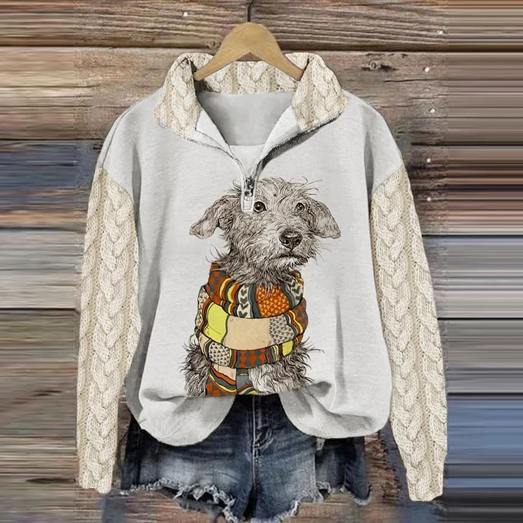 Comstylish Women's Cute Dog Print Lapel Zip Sweatshirt