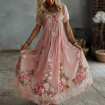 Women's Vintage Rose Floral Lace Embroidered Flowing Maxi Dress - Image 2