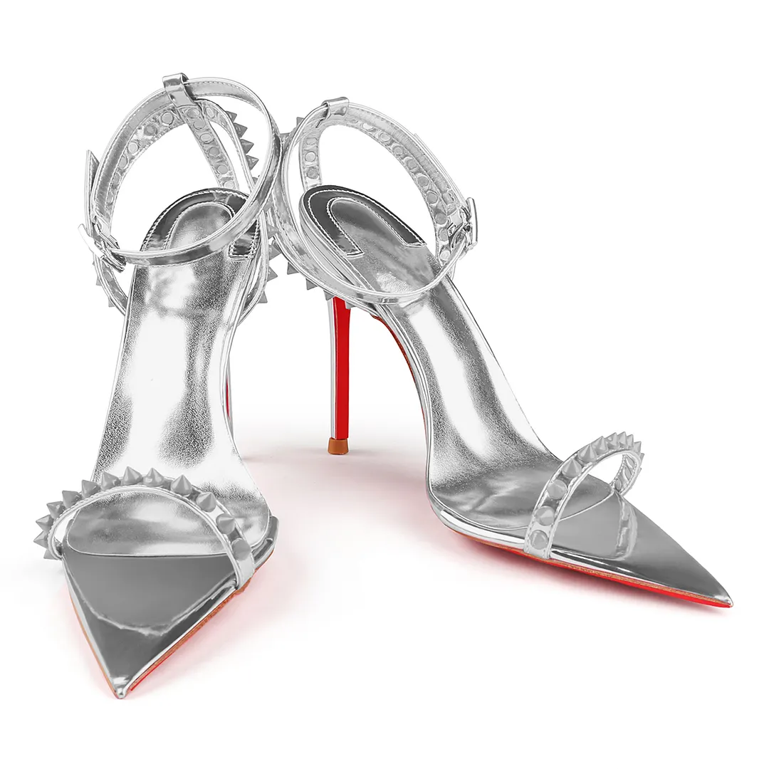 100mm Rivet Pointed Toe High Heels Red Bottom Party Shoes Sandals-vocosishoes