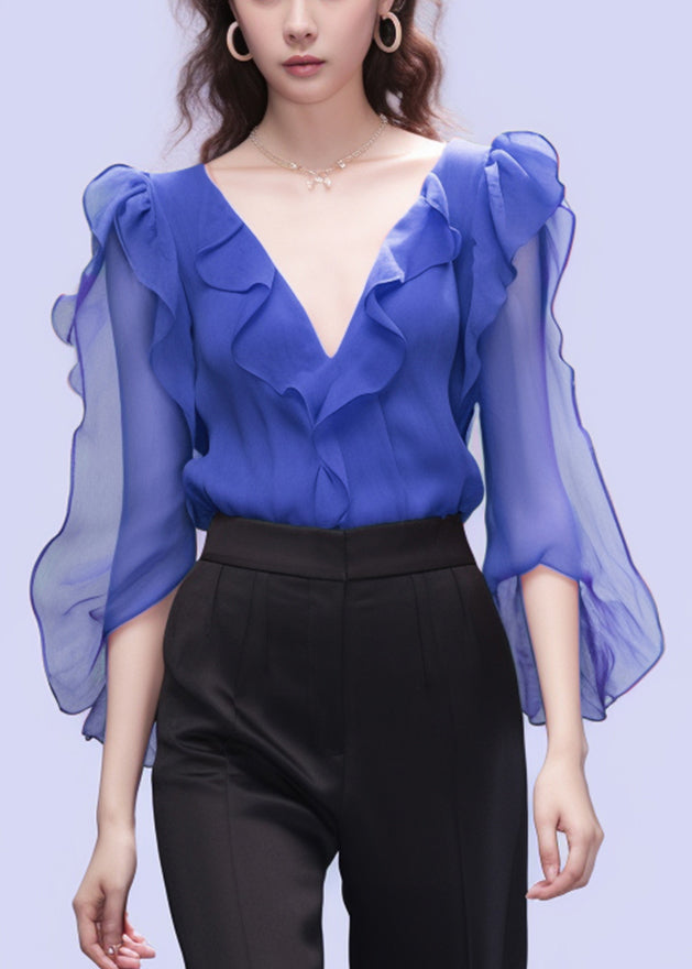 Pure Color Simple Cuffs Embellished V-Neck Women Shirt