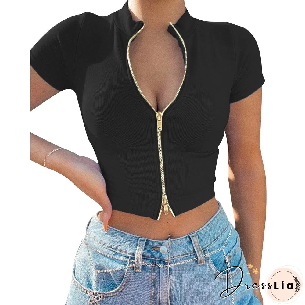 Back To School Outfits  Women'S Rib Knit T-Shirt Solid Color Zip Up Crop Tops Street Style Short Sleeve Slim Fit Mock Neck Tees Casual Summer Lady Top