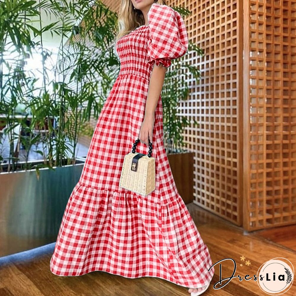 Women Puff Sleeve Square Neck Vintage Checked Plaid Maxi Dress Holiday Party Prom Dresses Kleid Plus Size