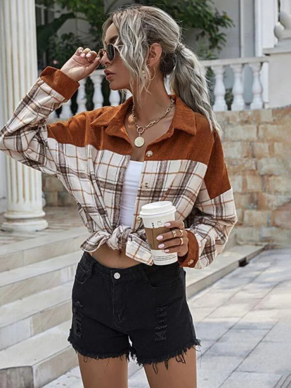 Long Sleeve Corduroy Hem Plaid Stitching Coat Women's Jacket Flusfy