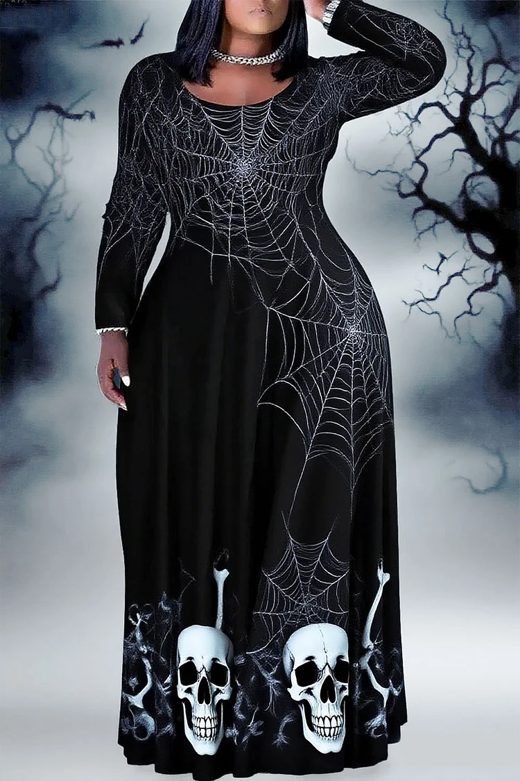 Plus Size Halloween Black Graphic Round Neck Long Sleeve Pocket Vintage Maxi Dresses 2024 - Xpluswear
