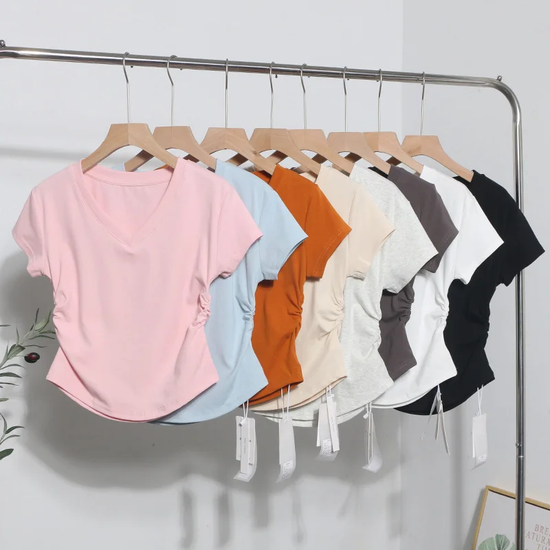 Uveng Recommended For The Summer V-Neck Front Shoulder Short-Sleeved T-Shirt For Girls Slimming Hottie Drawstring Irregular Top 2899