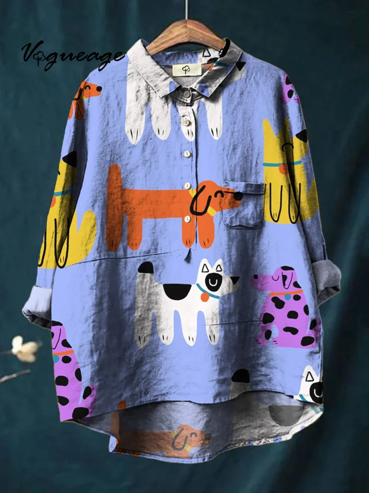Cute Cartoon Puppy Print Cotton And Linen Shirt
