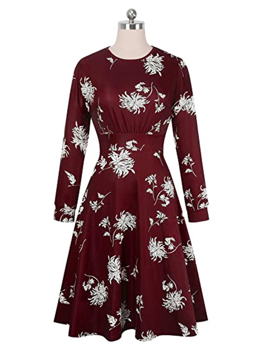 Women's Floral Dress Ruched O-Neck Long Sleeve Slim Fit Midi Dress