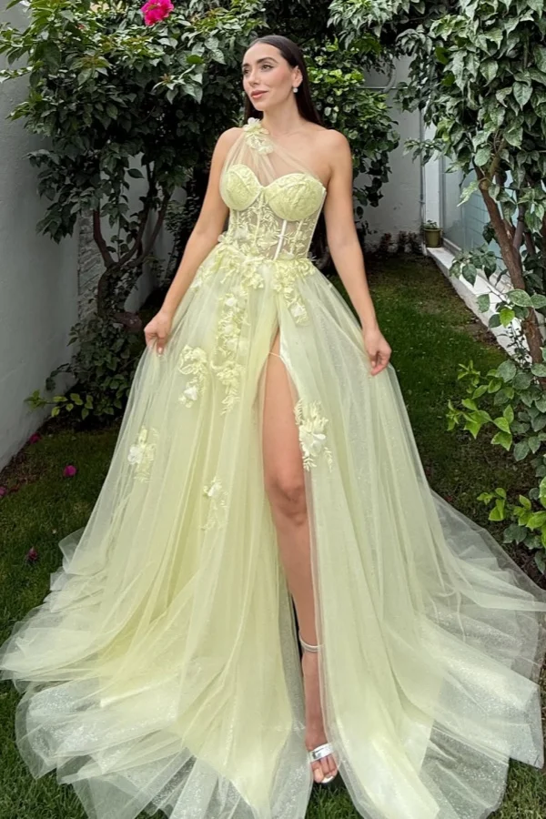 Miabel Elegant Tulle Applique Sleeveless One Shoulder Prom Dress with Split  