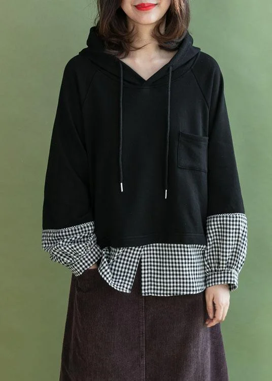 Stylish Black Patchwork Plaid Pockets Fall Loose Pullover Street Wear