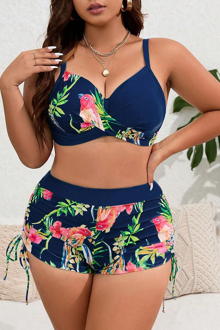 Plus Size Vacation Green Tropical Print Lace Up Two Pieces Swimsuits 2024 - Xpluswear