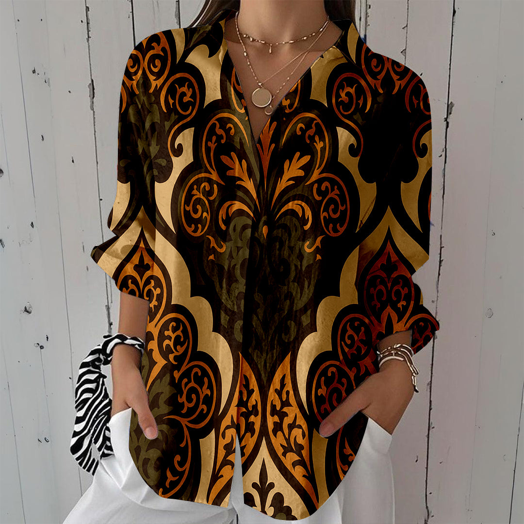 Women Long Sleeve V-neck Graphic Floral Printed Top