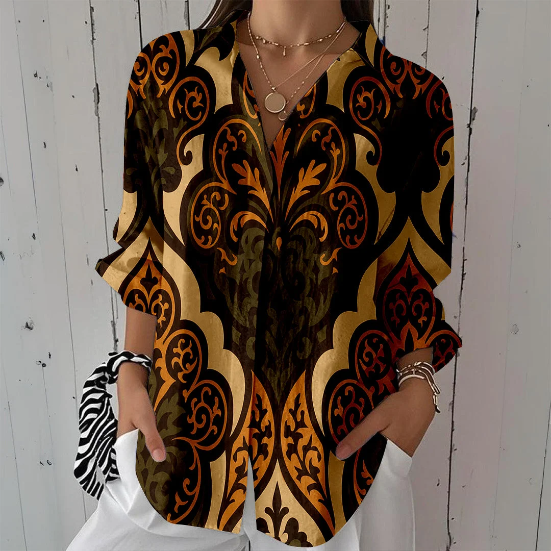 Style & Comfort for Mature Women Women Tropical, Brown, Khaki DZCL0164 3/4 Sleeve Shirt Collar Printed Button Tops