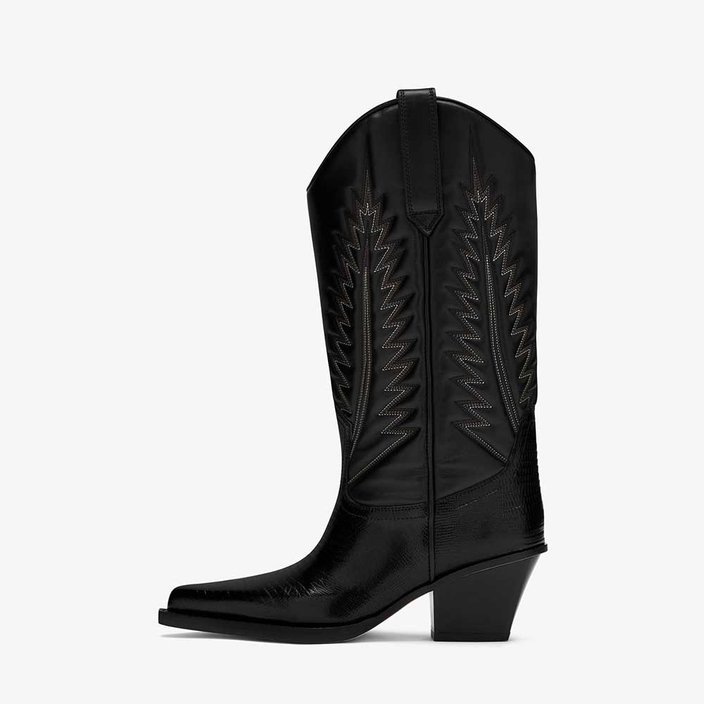 Black Pointed Toe Embroidered Mid-Calf Cowgirl Boots with Chunky Heel