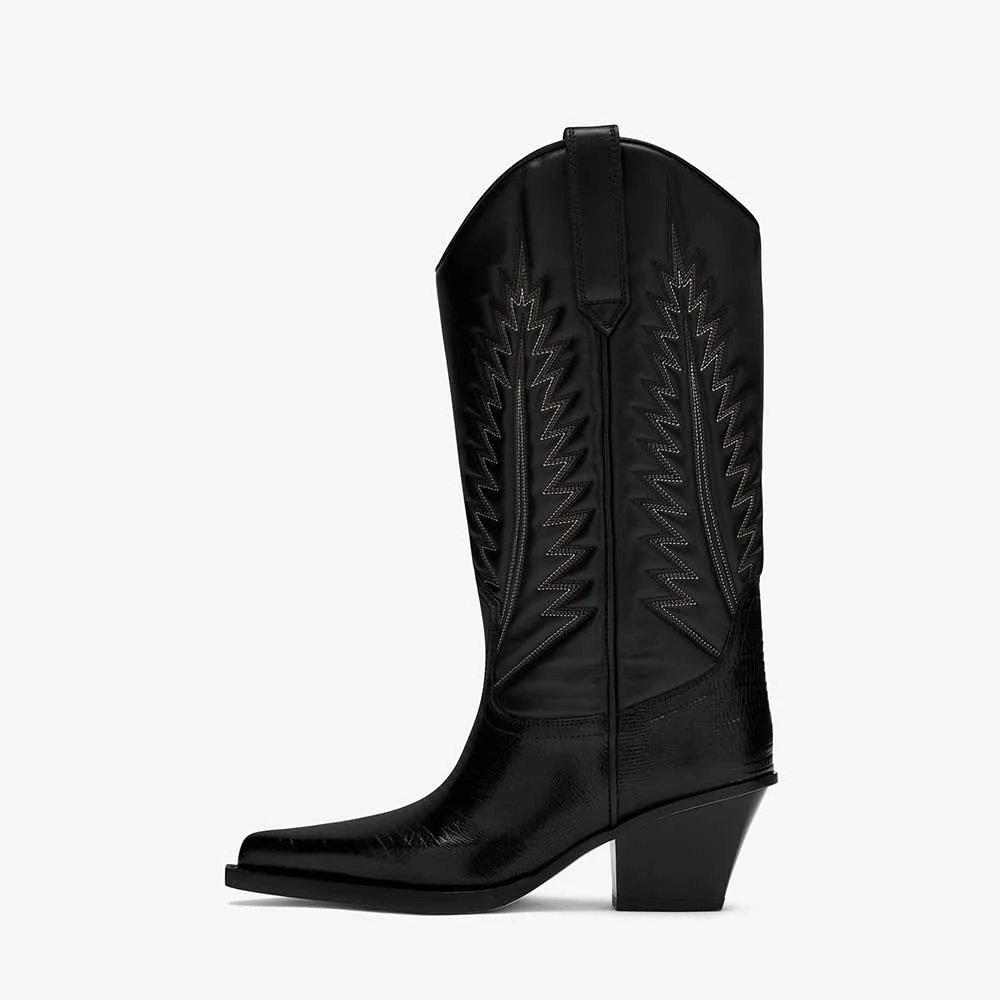 Black Pointed Toe Embroidered Mid-Calf Cowgirl Boots with Chunky Heel Nicepairs