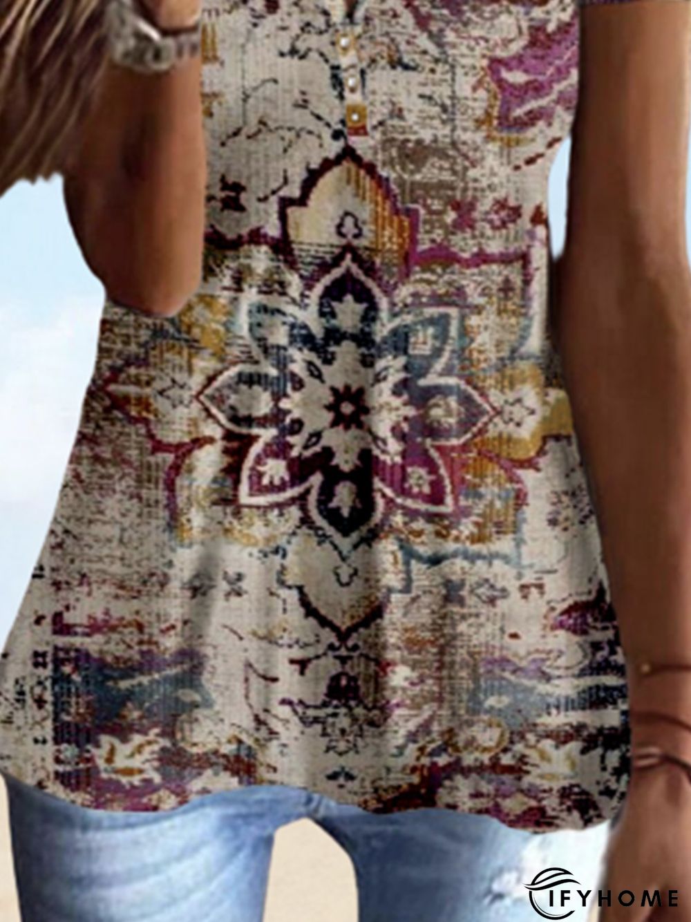 Ethnic Short Sleeve Buttoned Crew Neck Casual Tunic T-Shirt | IFYHOME