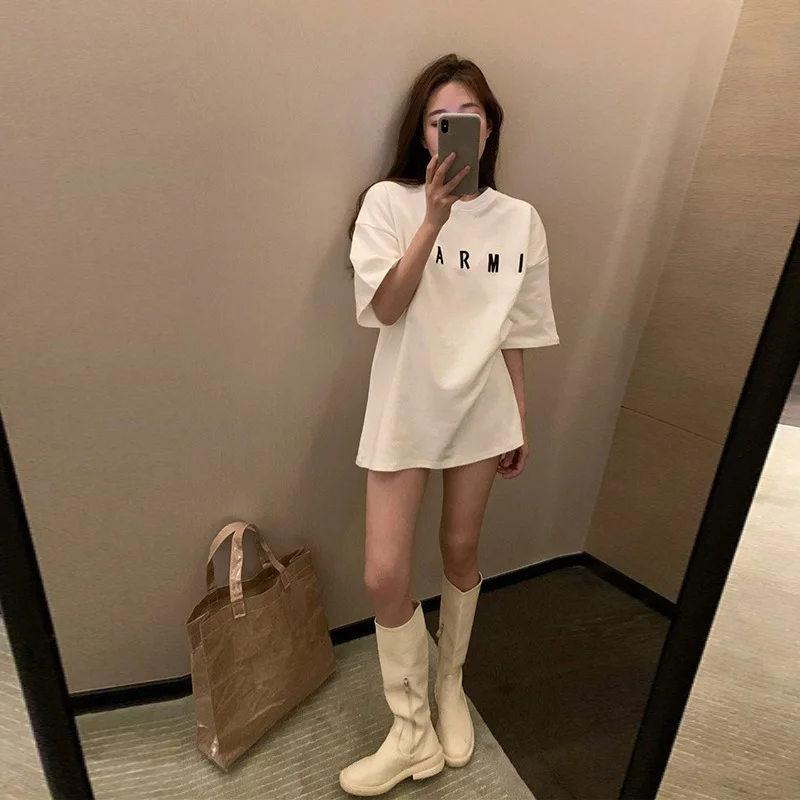 Brownm Brownm Sleeve T-Shirt Women's Ins Tide Loose Korean Version Medium Long Short Sleeve Letter Embroidered Jacket Women's Summer 2024 New