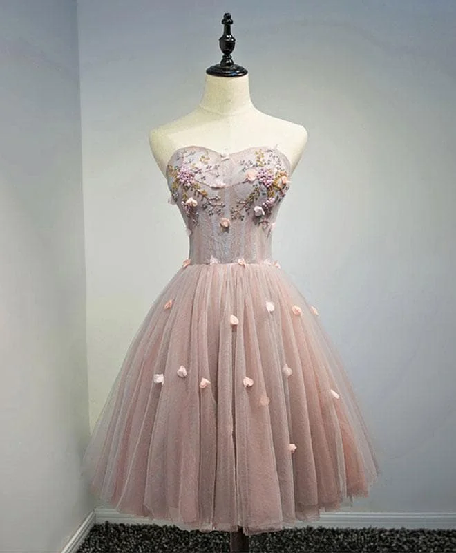 Pink Sweetheart Neck Tulle Short Prom Dress, Pink Homecoming Dress