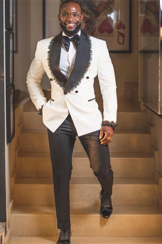 Stylish Shawl Lapel White Double Breasted Wedding Suits with Tassels | Ballbellas Ballbellas