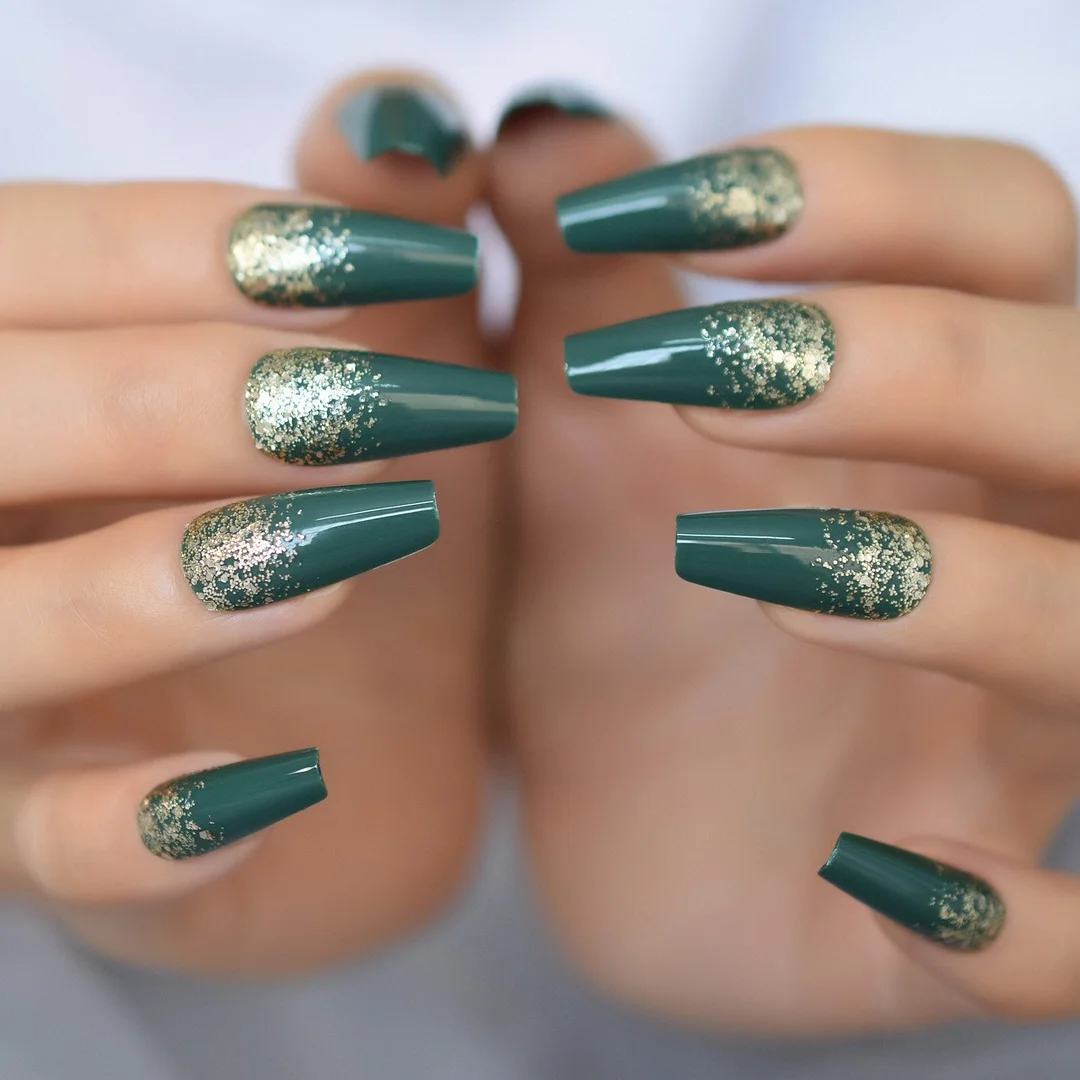 Coffin Fake Nails Set Acrylic Full Cover Press On False Nails Long Dark Green Powder Glitter Decoration Gel Nail Tips-Nail Inspo