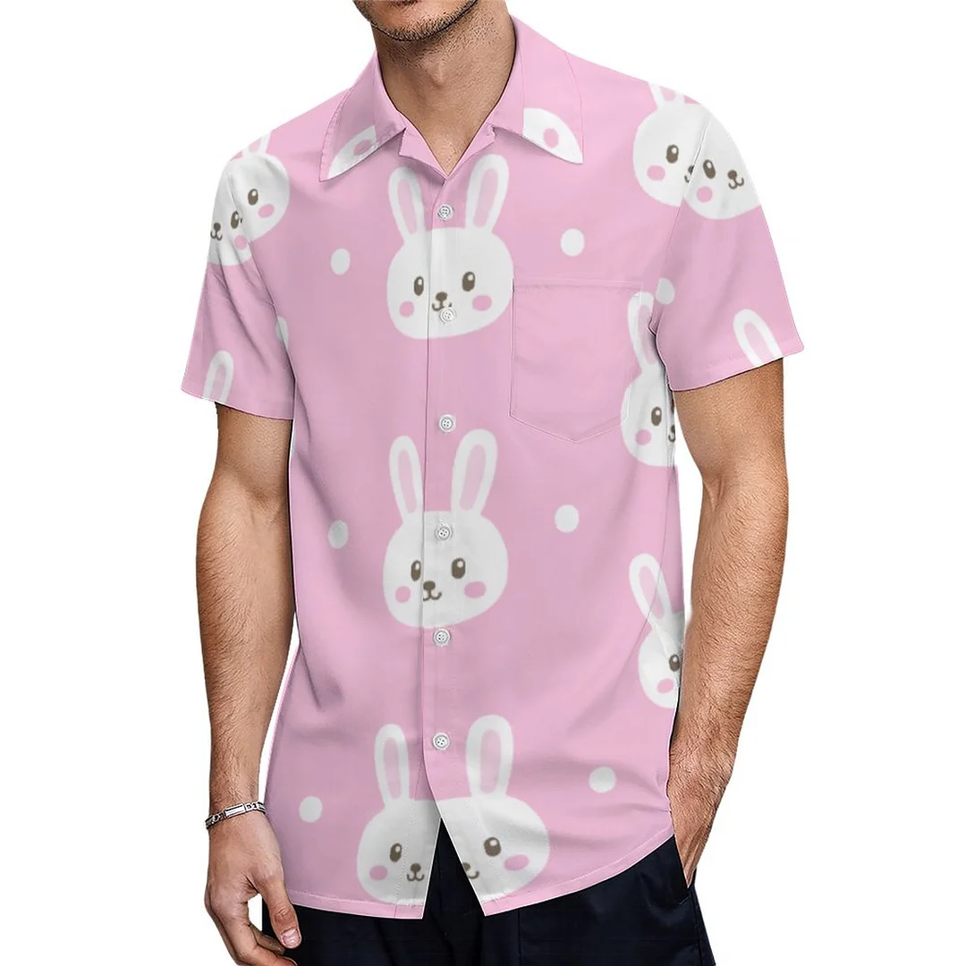 Short Sleeve Baby Pink Fluffy Cartoon Bunny Hawaiian Shirt Mens Button Down Plus Size Tropical Hawaii Beach Shirts