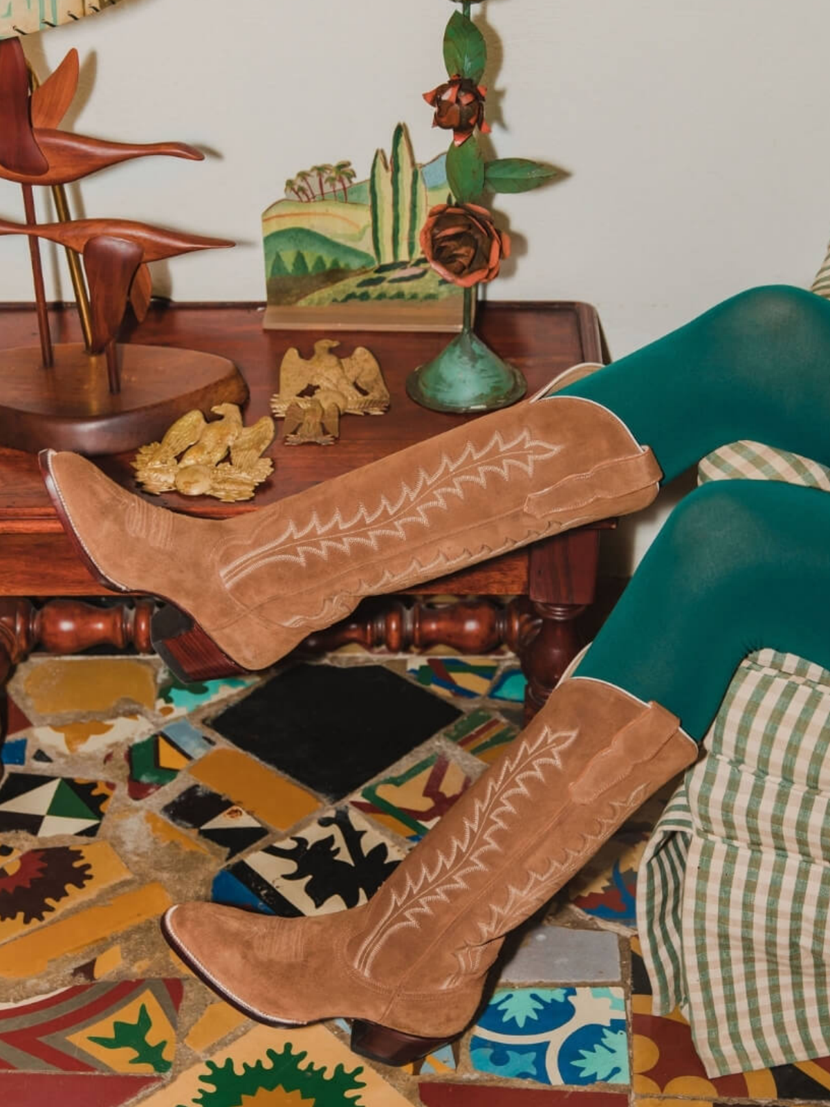 Taafo Brown Faux Suede Embroidery Almond-Toe Wide Mid Calf Tall Cowgirl Boots