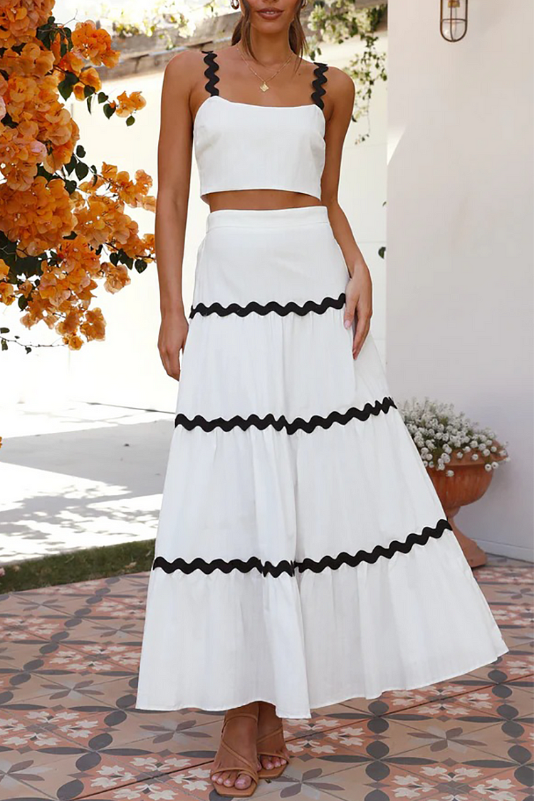 Colorblock Ripple Trim Crop Cami High Waist A-Line Maxi Skirt Matching Set-White