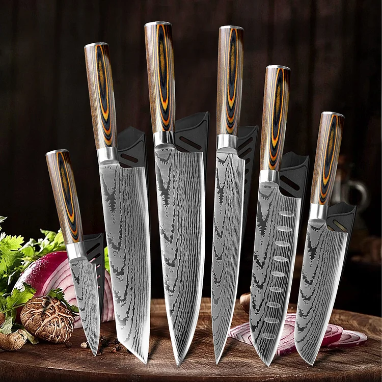 Kitchen Chef Knives Set of 6 Damascus Laser Blade Japanese Knife High Carbon Steel Slicing Cleaver Knife for Cooking Cutting Meat
