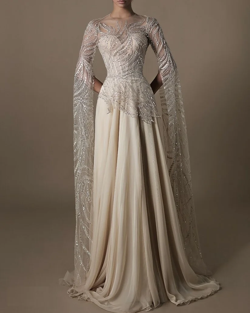 Long Cape Sleeve Embroidered Dress
