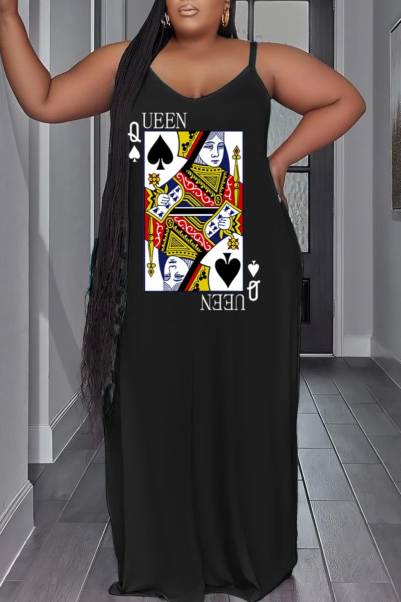 Black Sexy Casual Print Backless Spaghetti Strap Long Dress Plus Size Dresses