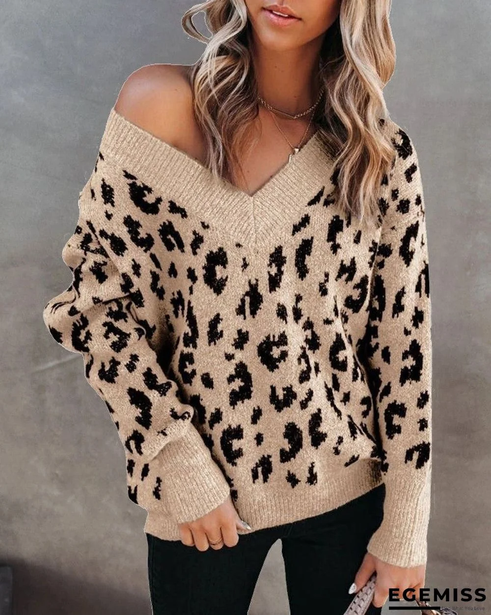 Cheetah Print Long Sleeve V-neck Sweater | EGEMISS