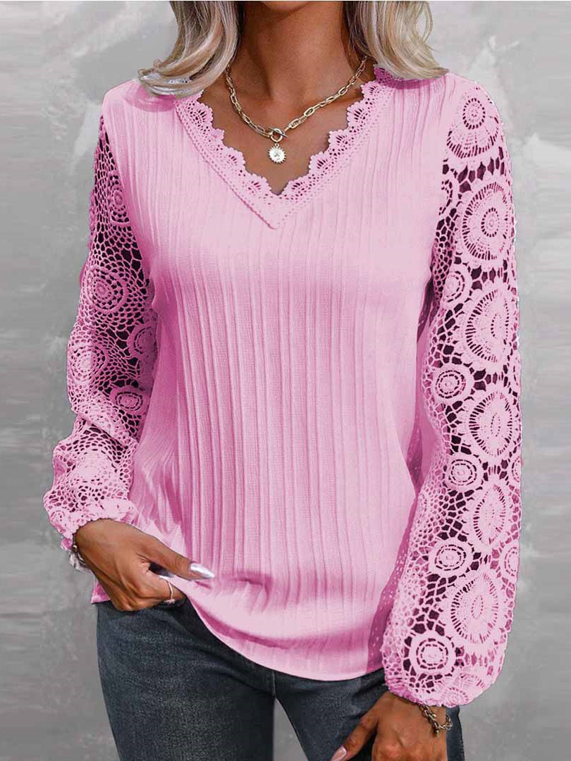 Women Long Sleeve V-neck Solid Lace Tops