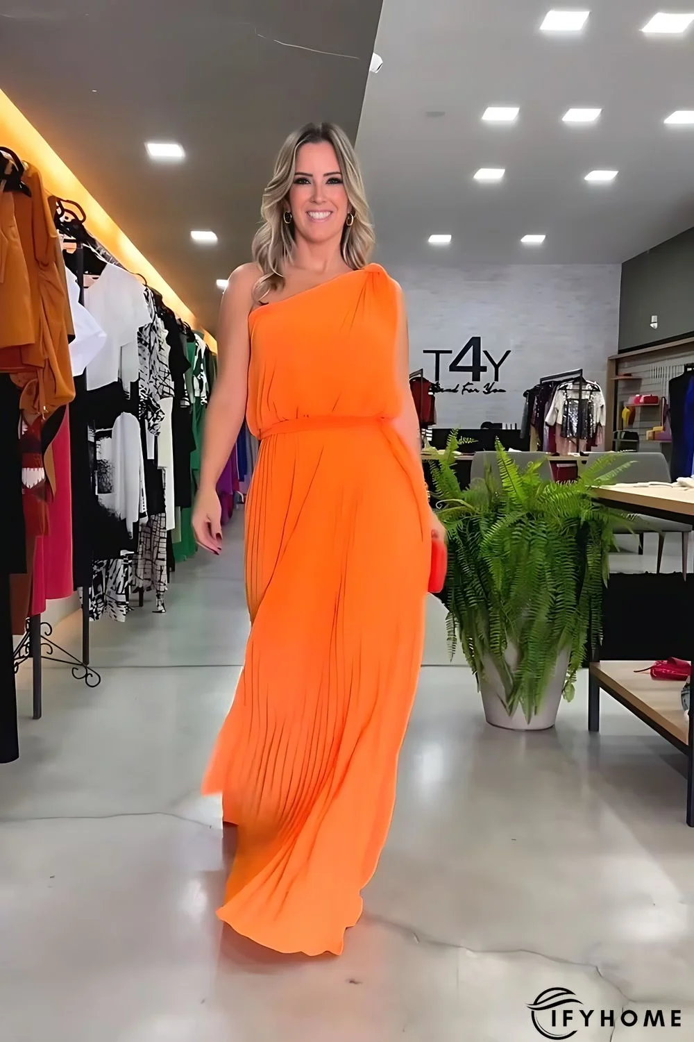 One-shoulder Party Chiffon Pleated Waist-skimming Dress | IFYHOME